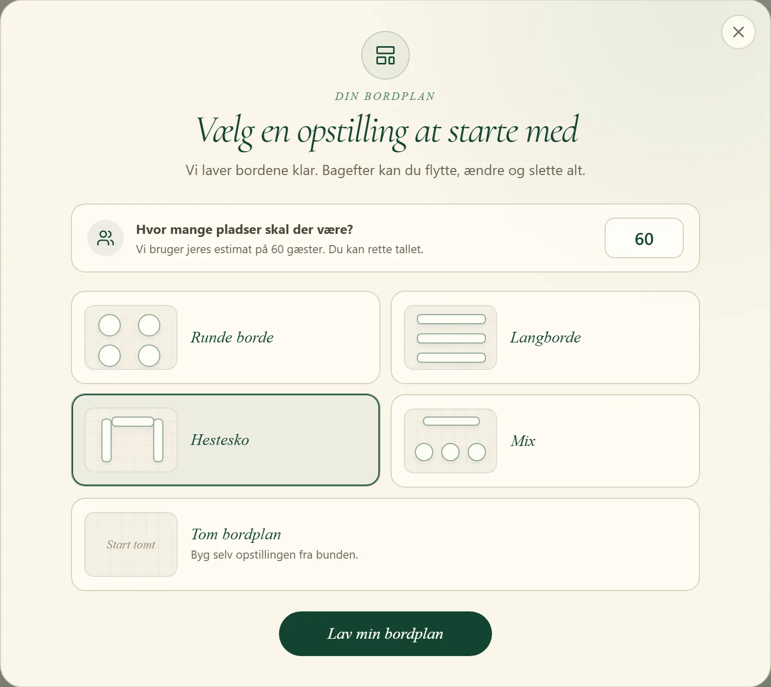 Valget af opstilling: runde borde, langborde, hestesko, mix eller tom bordplan