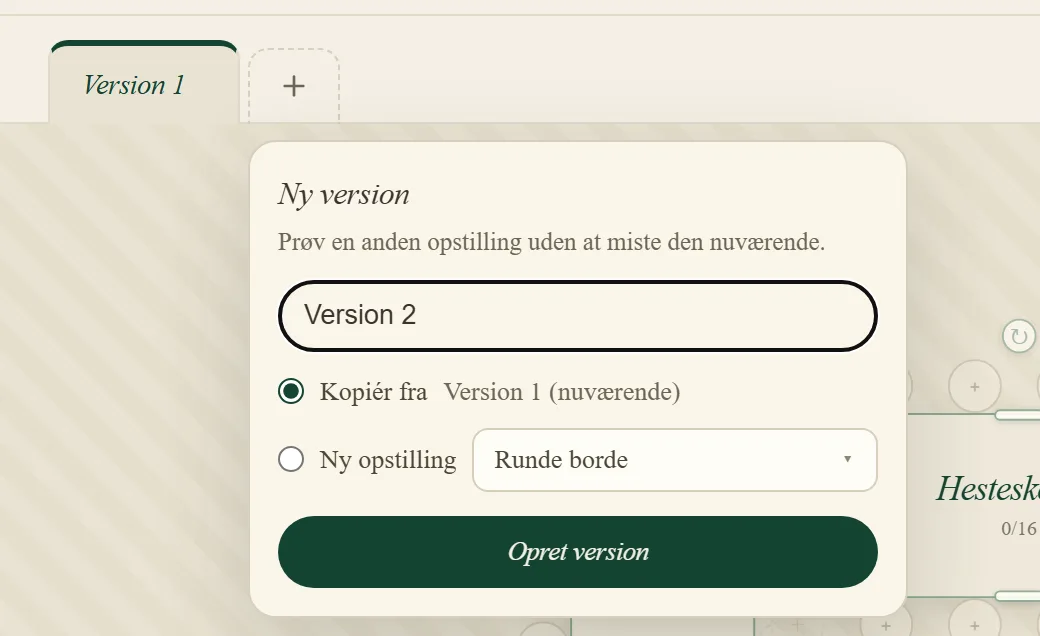 Vinduet Ny version, hvor en eksisterende plan kan kopieres eller en ny opstilling vælges