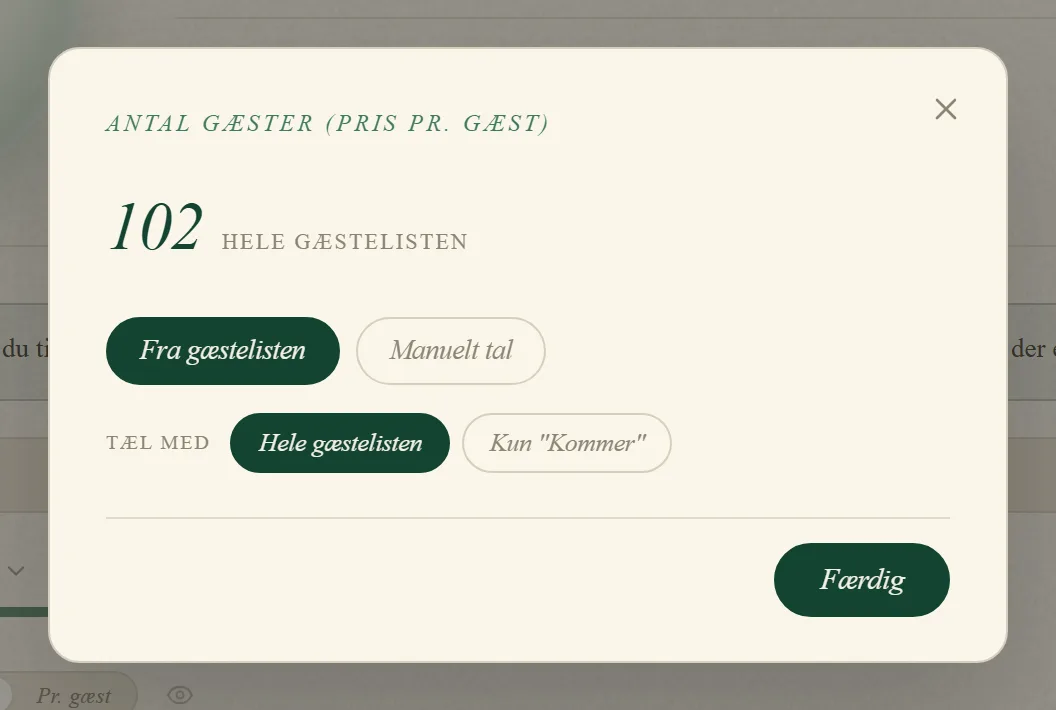 Vinduet Antal gæster, hvor antallet hentes fra gæstelisten eller skrives manuelt