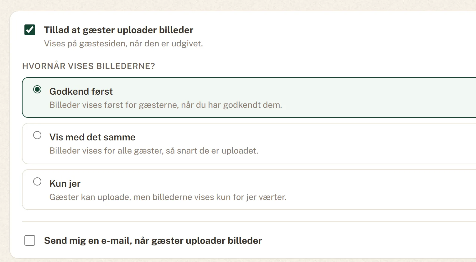 Indstillingerne for festbilleder med de tre valg for, hvornår billederne vises