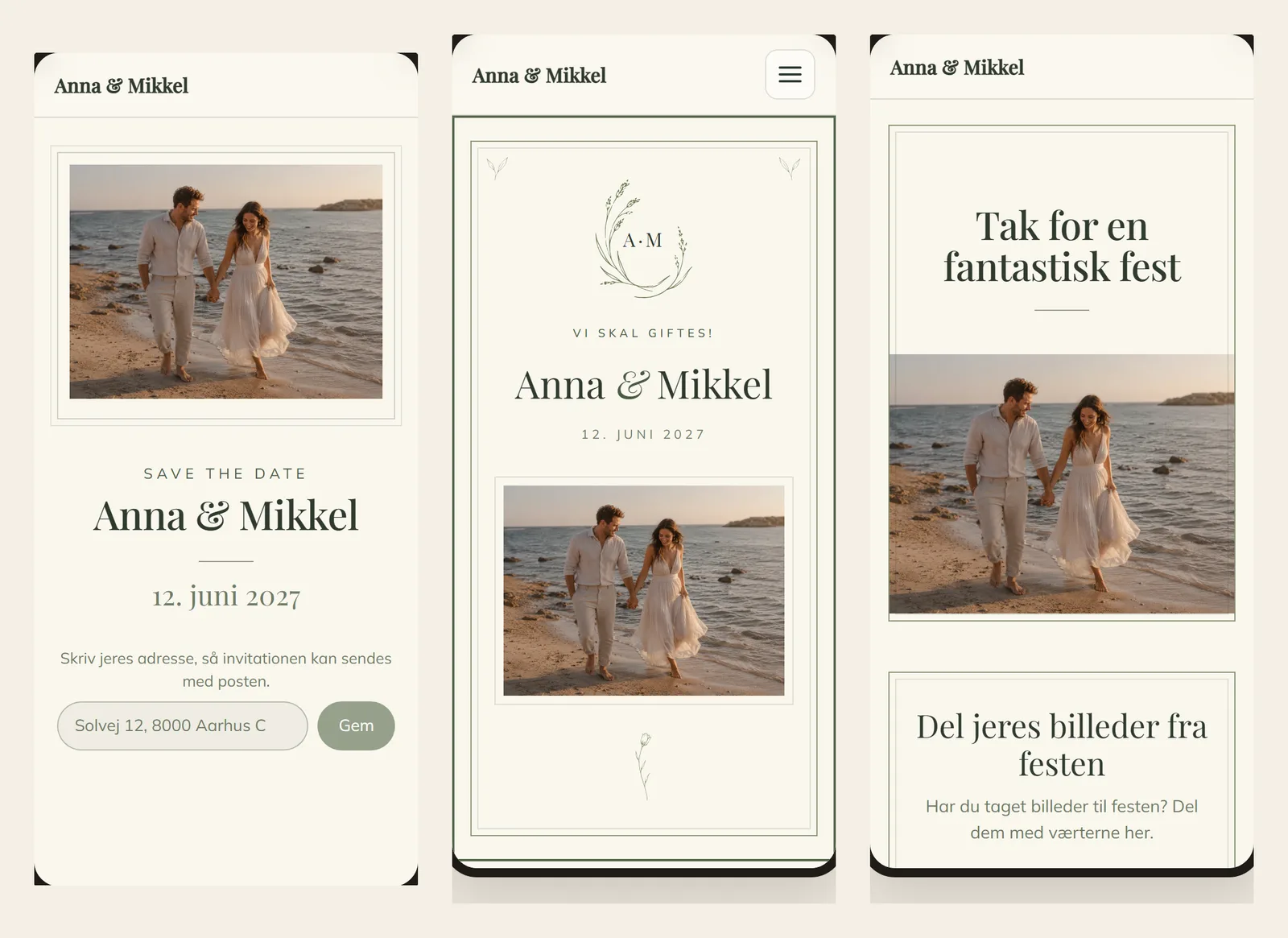 Tre mobiler med gæstesidens tre udgaver i designet Botanisk: Save the date, Festsiden og Efter festen