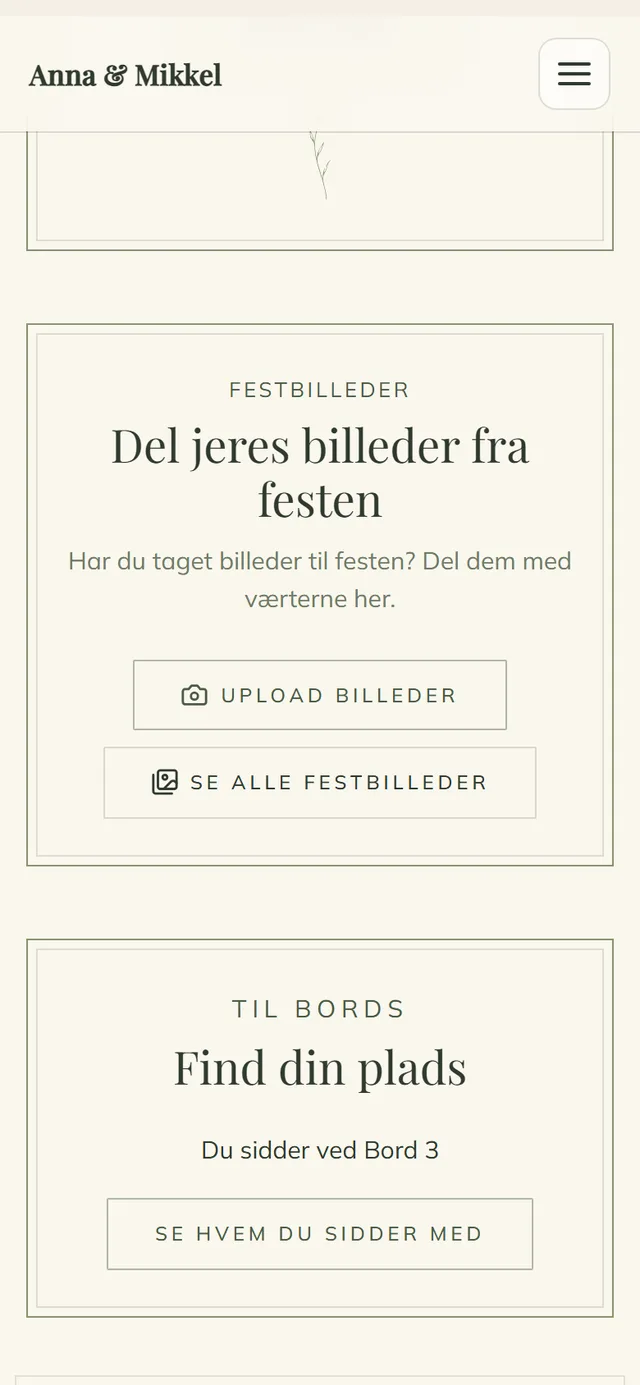 Festbilleder og Find din plads på gæstesiden i designet Botanisk vist på en mobil
