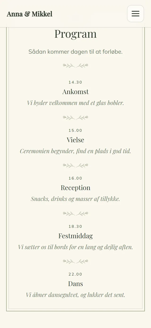 Programmet på gæstesiden i designet Botanisk vist på en mobil