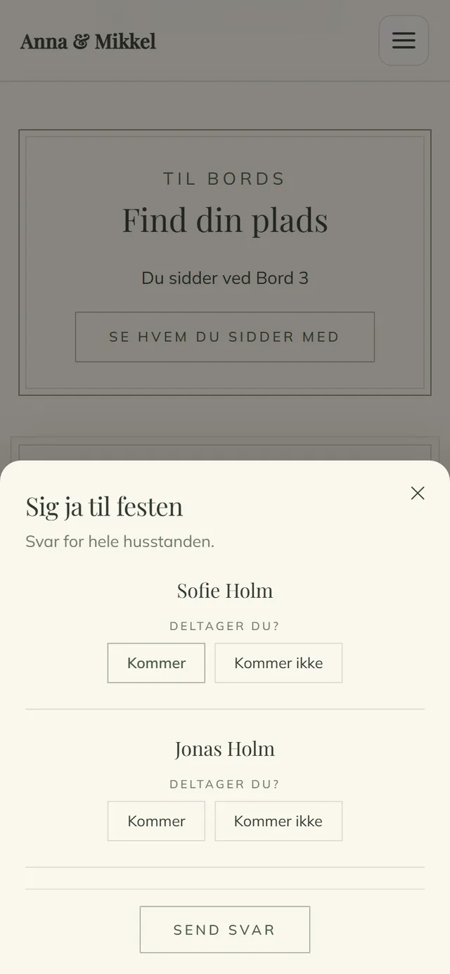 S.U. på gæstesiden i designet Botanisk, hvor hver person i husstanden svarer, om de kommer
