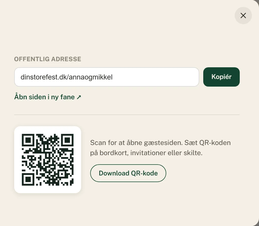 Udgiv-vinduet med linket til siden, knappen Kopiér og QR-koden
